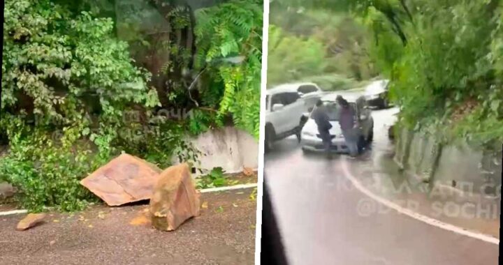 Автомобиль пострадал от камнепада на горной дороге в Сочи